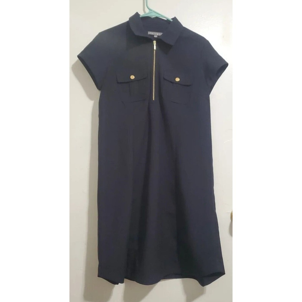 Sharagano Women's Short Sleeve Casual Shirt Dress Front Pockets Half Zip Blue 8
